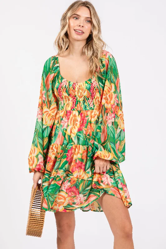 Green Tropical Floral Smocked V-Neck Midi Dress Elegant Maxi-Midi Hybrid Dress