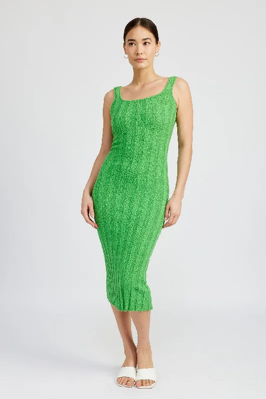 Green Wide Rib Knit Midi Dress Fashionable Pleated Midi Dress
