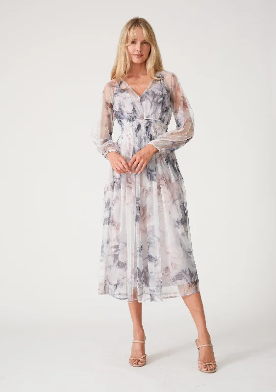 Grey Floral Mesh Smocked Midi Dress Elegant Floral Skirt Midi Dress