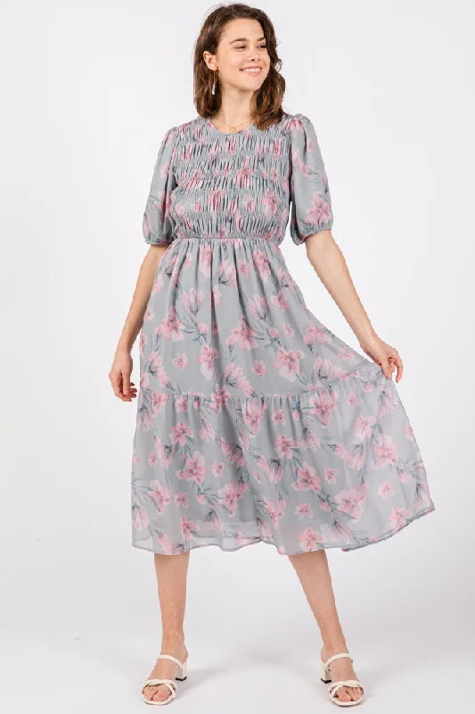 Grey Floral Smocked Ruffle Hem Midi Dress Elegant V-Neck Midi Dress