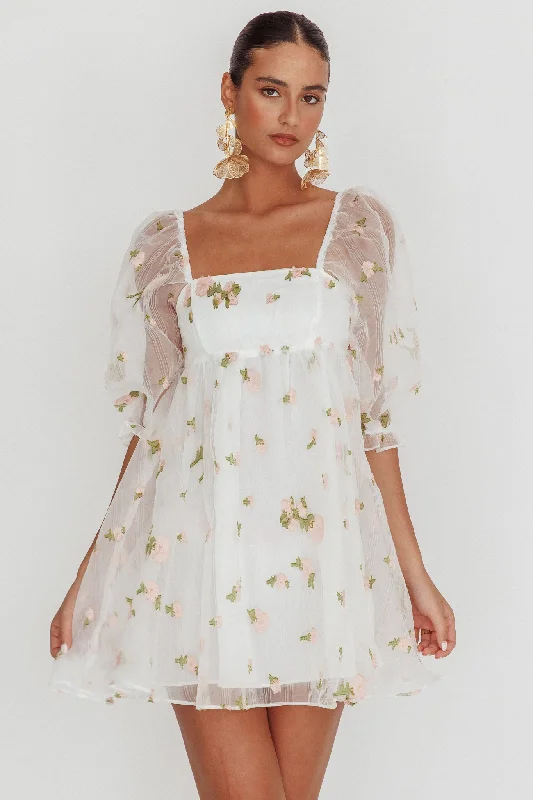 Helen Floral Organza Mini Dress White Pink Fashionable Off-Shoulder Mini Dress