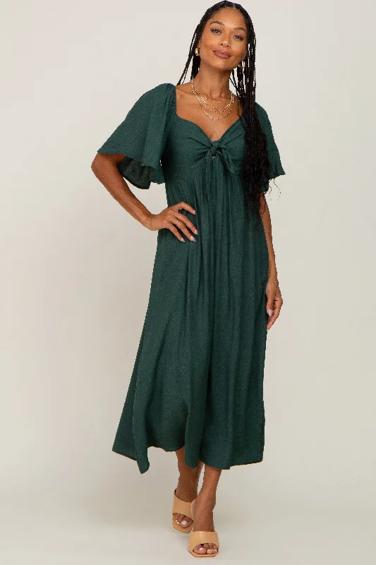 Hunter Green Front Tie Ruffle Sleeve Midi Dress Trendy Ruffle Hem Midi Dress