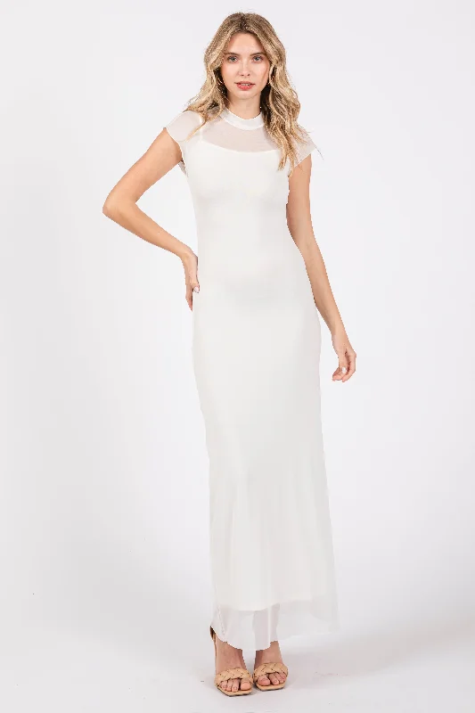 Ivory Mock Neck Sleeveless Mesh Midi Dress Elegant Sleeveless Midi Dress