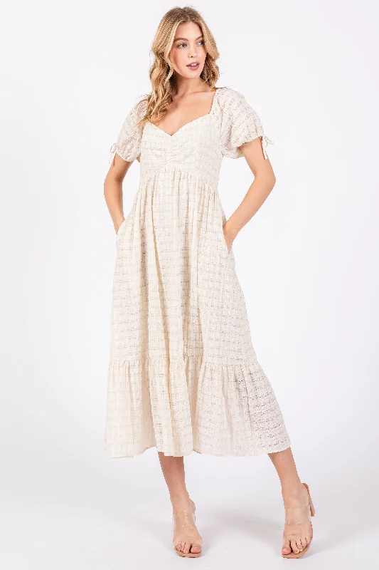 Ivory Textured Plaid Puff Short Sleeve Midi Dress Trendy Off-Shoulder Ruffle Midi Dress