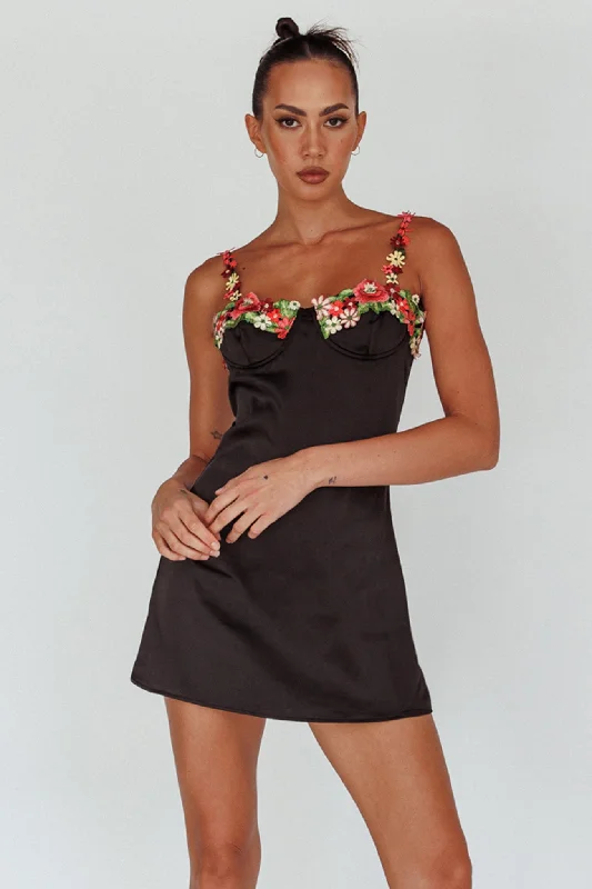 Izolda Floral Applique Mini Dress Black Elegant Velvet Mini Dress