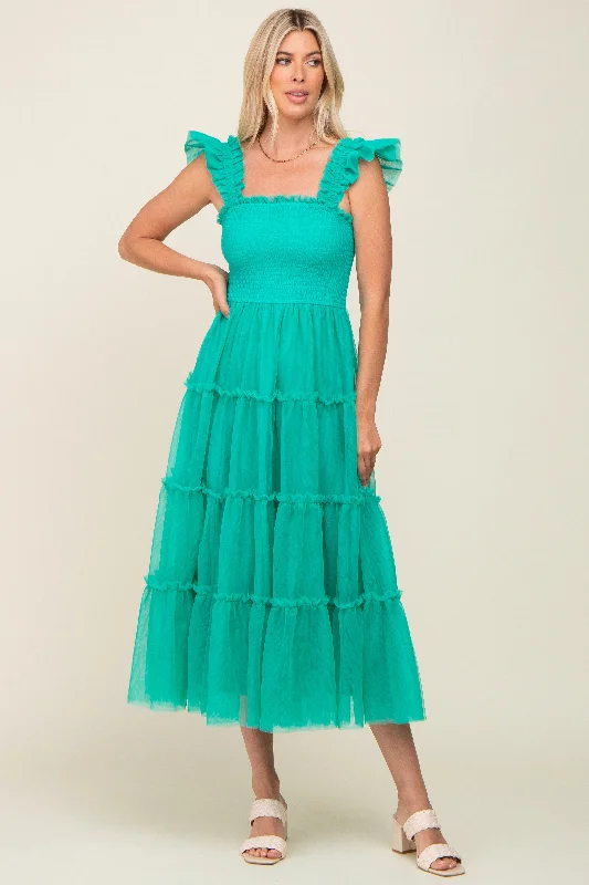 Jade Smocked Mesh Ruffle Accent Midi Dress Cozy Spaghetti Strap Midi Dress