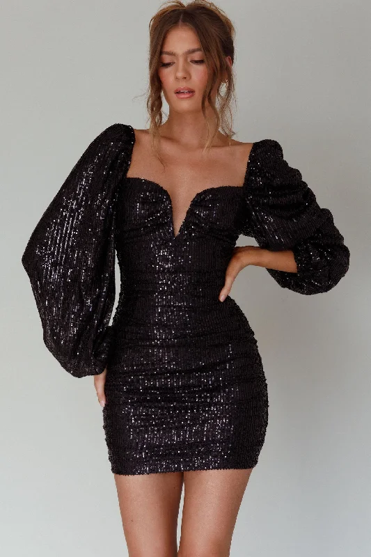 Jayde Balloon Sleeve Sequin Mini Dress Black Fashionable Mini Dress with Frills