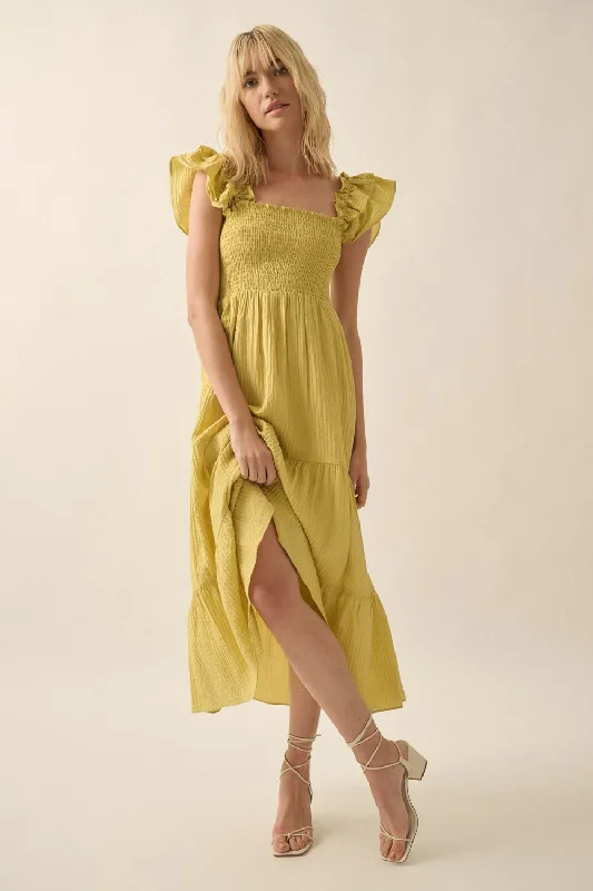 Key Lime Solid Square-Neck Smock-Bodice Midi Dress Stylish Striped Midi Dress