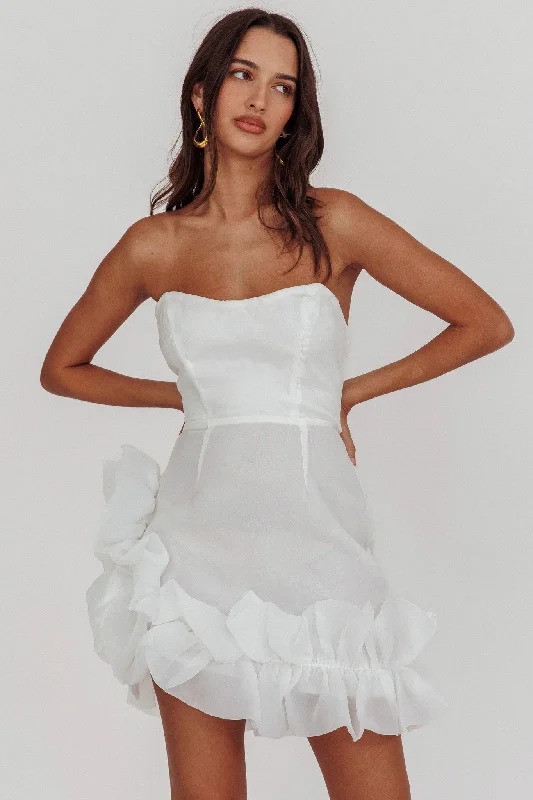 L'amour Toujours Frill Accent Mini Dress White Fashionable Mini Dress with Slits