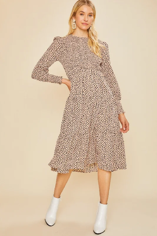 Latte Leopard Printed Smocking Bodice Tiered Midi Dress Comfortable Casual Midi Dress
