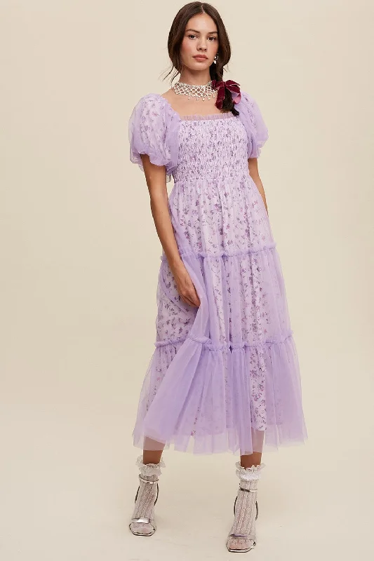 Lavender Floral Lined Smocked Tulle Midi Dress Comfortable Floral Print Midi Dress