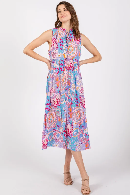 Lavender Floral Paisley Mock Neck Midi Dress Stylish Off-Shoulder Ruffle Dress
