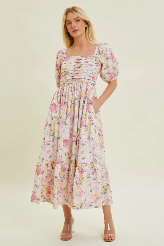Lavender Floral Pleated Puff Sleeve Midi Dress Cozy Wide Strap Midi Dress