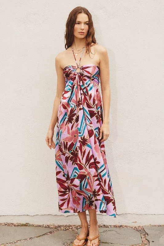 Lavender Floral Satin Halter Midi Dress Trendy Fit-and-Flare Midi Dress