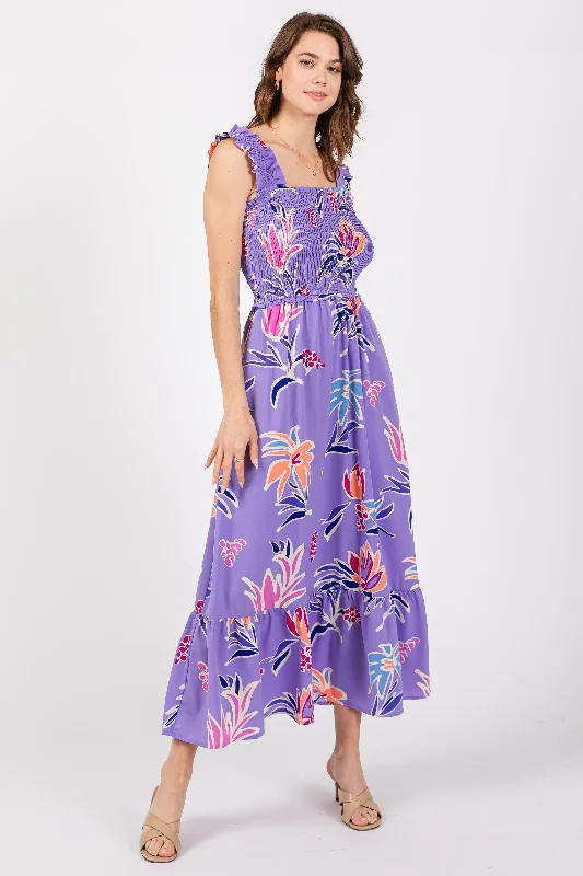 Lavender Floral Smocked Midi Dress Stylish Button-Up Midi Dress