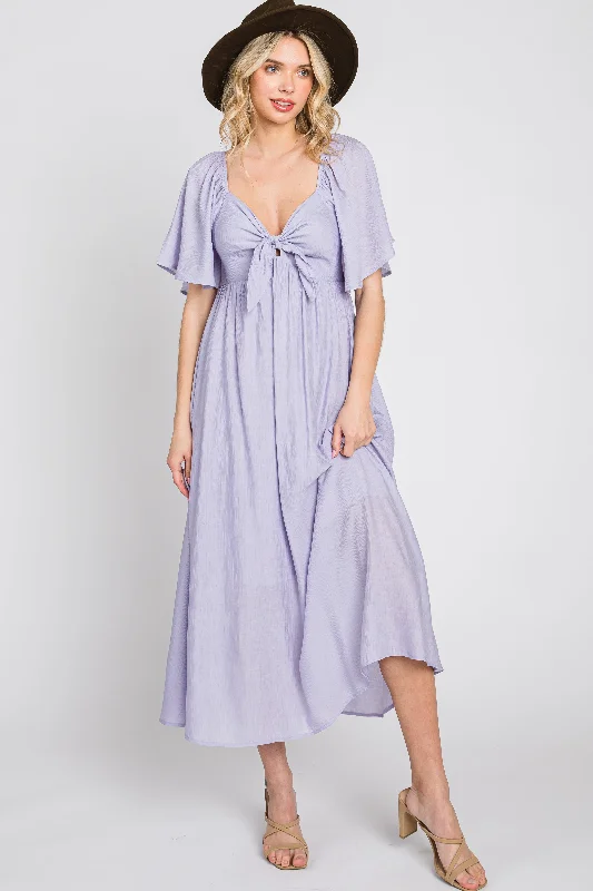 Lavender Front Tie Ruffle Sleeve Midi Dress Trendy Knit Midi Dress