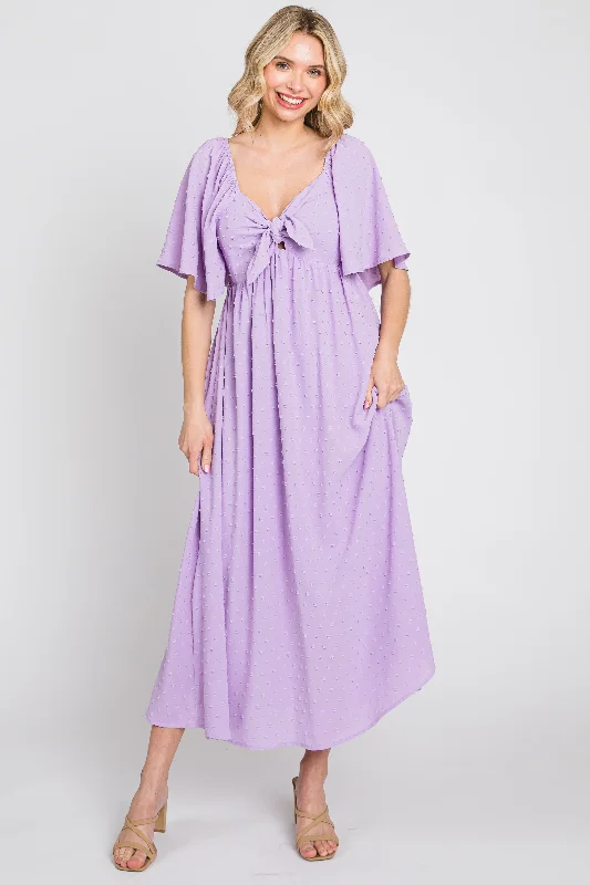 Lavender Textured Dot Front Tie Ruffle Sleeve Midi Dress Fashionable Plaid Midi Dress