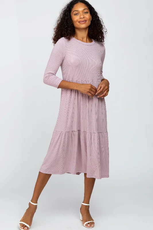 Lavender Tiered Ribbed 3/4 Sleeve Midi Dress Fashionable Plaid Midi Dress