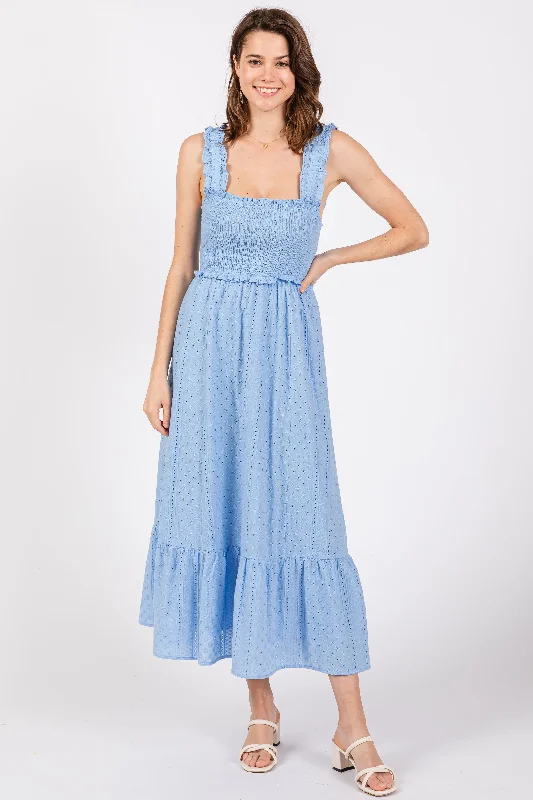 Light Blue Eyelet Smocked Square Neck Midi Dress Comfortable Sleeveless Midi Dress