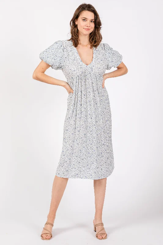 Light Blue Floral Puff Sleeve Midi Dress Elegant Faux Wrap Midi Dress