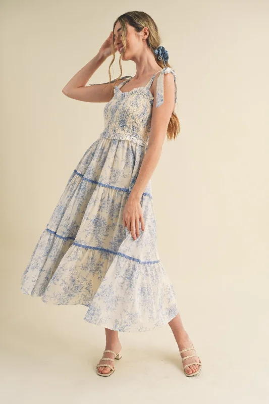 Light Blue Floral Sleeveless Ruffle Tiered Midi Dress Trendy Mock Neck Midi Dress