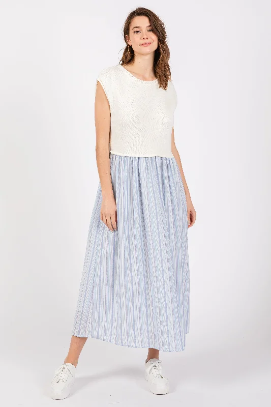 Light Blue Knit Striped Skirt Pocketed Sleeveless Midi Dress Elegant Pleated Sleeve Midi Dress