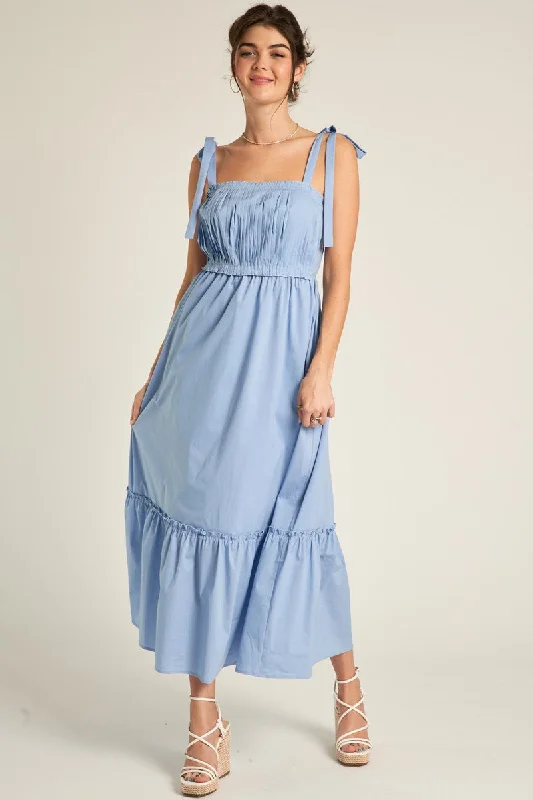 Light Blue Pleated Shoulder Tie Midi Dress Trendy Ruched Side Midi Dress