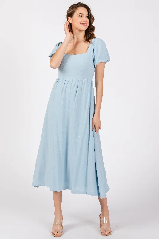 Light Blue Puff Sleeve Linen Midi Dress Comfortable Knitwear Midi Dress