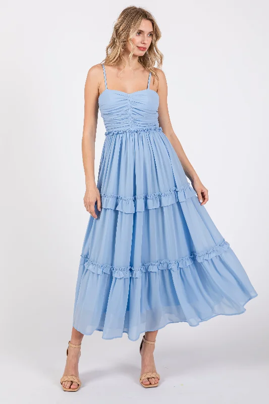 Light Blue Sleeveless Pleated Ruffle Tiered Midi Dress Trendy Mock Neck Midi Dress