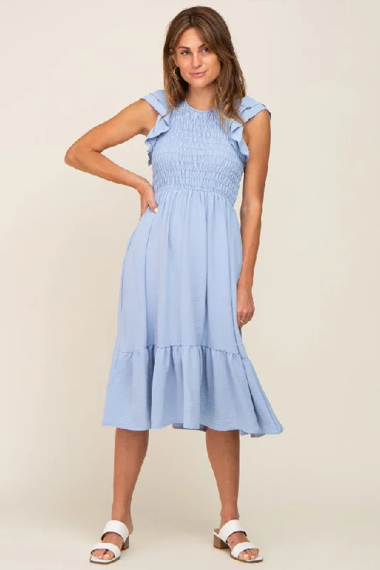 Light Blue Smocked Layered Ruffle Flutter Sleeve Midi Dress Comfortable Empire Waist Midi Dress