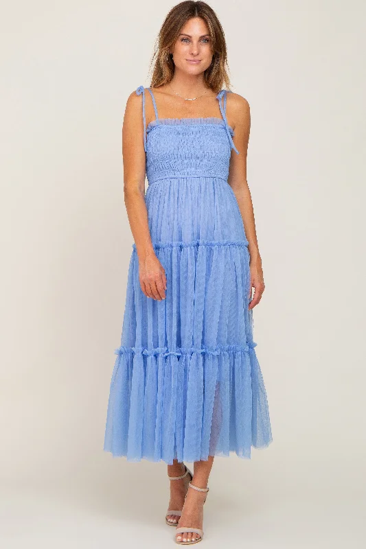 Light Blue Smocked Mesh Midi Dress Comfortable Button Front Midi Dress