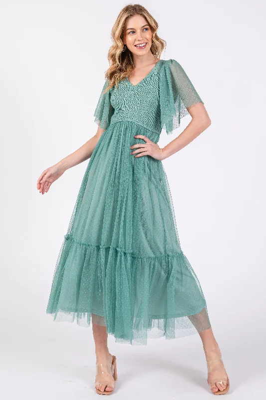 Light Olive Dotted Tulle Smocked Midi Dress Fashionable Sheer Sleeve Midi Dress
