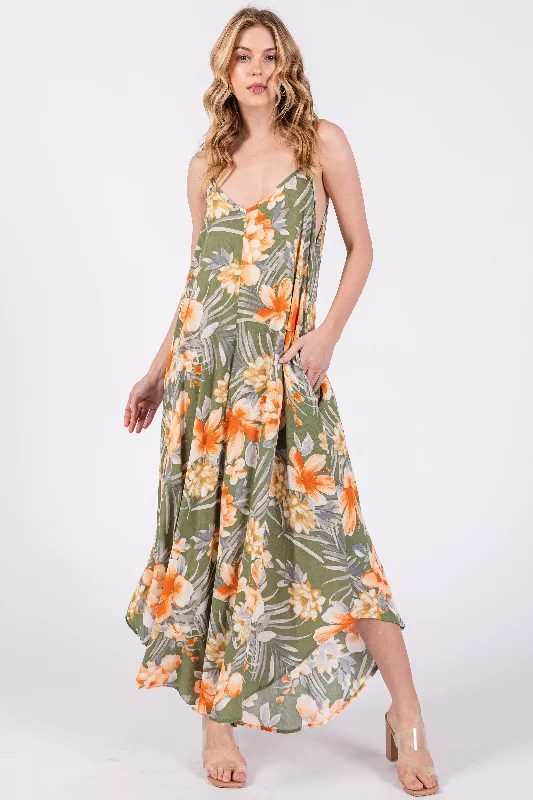 Light Olive Floral Cross Back Midi Dress Stylish Tiered Midi Dress