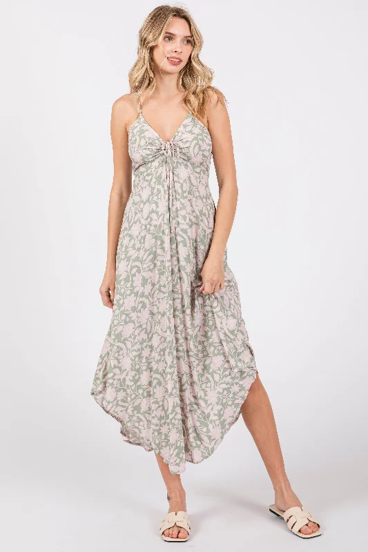 Light Olive Floral Front Tie V-Neck Midi Dress Chic Off-Shoulder Midi Dress