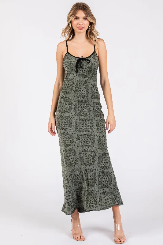 Light Olive Floral Paisley Velvet Tie Satin Midi Dress Fashionable Plaid Midi Dress