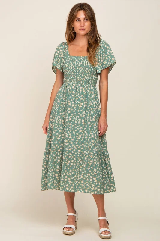 Light Olive Floral Smocked Midi Dress Fashionable Shift Midi Dress