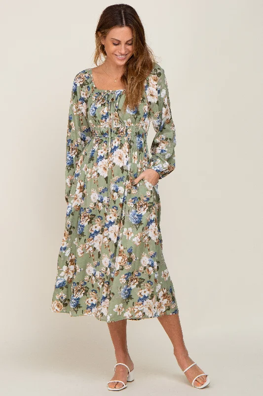 Light Olive Floral Square Neck Midi Dress Comfortable Short Sleeve Midi Dress
