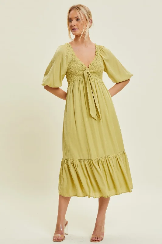 Light Olive Smocked Front Tie Midi Dress Comfortable Fit-and-Flare Midi Dress