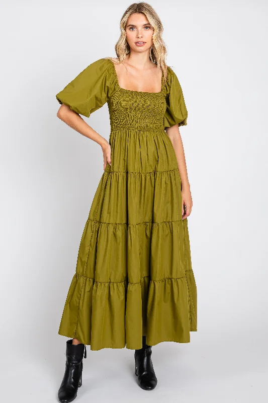 Light Olive Square Neck Smocked Puff Short Sleeve Tiered Midi Dress Comfortable Deep V Midi Dress