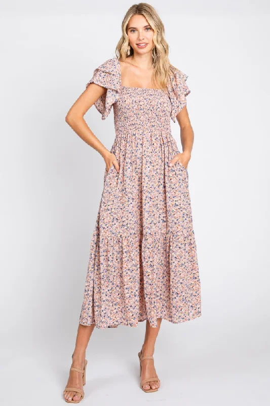 Light Pink Floral Flutter Midi Dress Stylish Off-Shoulder Ruffle Dress
