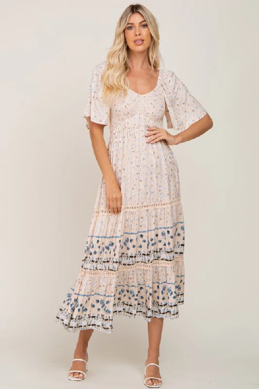 Light Pink Printed Smocked Midi Dress Elegant Maxi-Midi Hybrid Dress