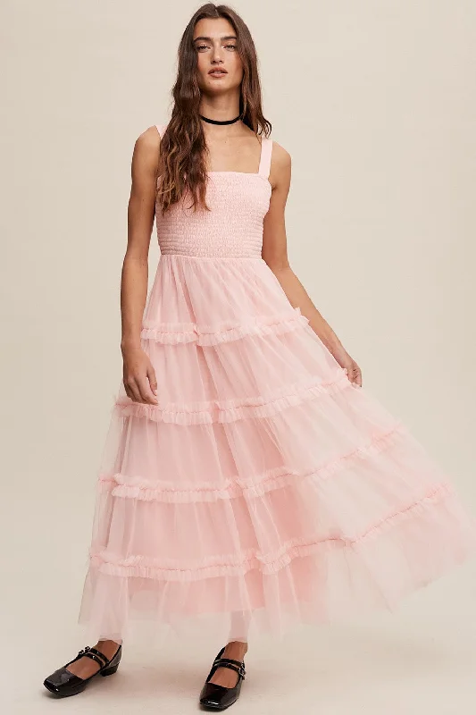 Light Pink Smocked Ruffle Tiered Tulle Midi Dress Stylish Midi Dress with Cuffs