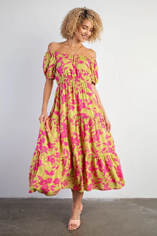 Lime Floral Off Shoulder Puff Sleeve Midi Dress Fashionable Fitted Midi Dress
