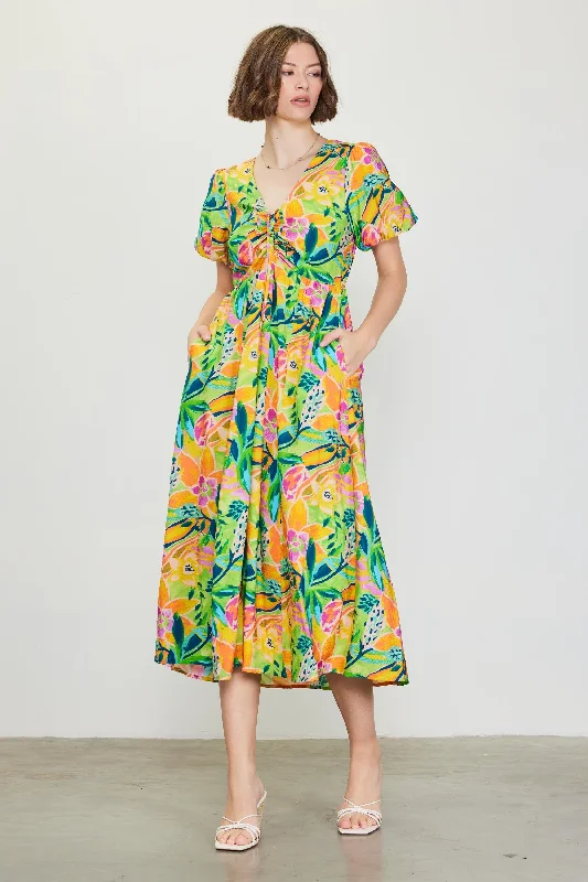 Lime Floral Puff Sleeve Midi Dress Trendy Boho Midi Dress