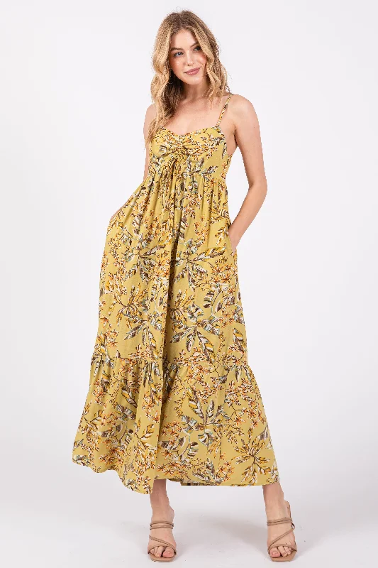 Lime Floral Sleeveless Front Cinched Midi Dress Trendy Flared Sleeve Midi Dress