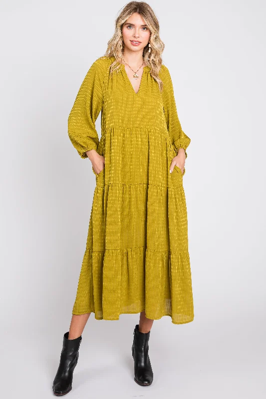 Lime Textured Tiered Midi Dress Trendy Off-Shoulder Ruffle Midi Dress