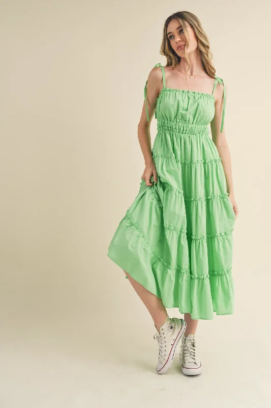 Lime Tiered Tie Strap Midi Dress Comfortable Geometric Print Midi Dress