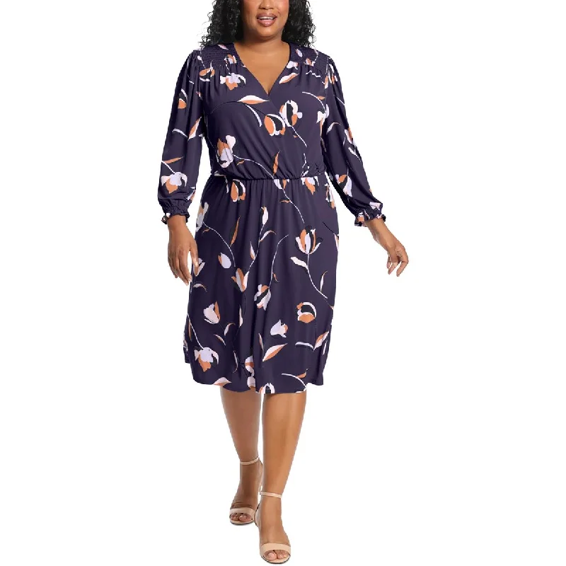 London Times Womens Plus Floral Smocked Wrap Dress Stylish Fitted Wrap Midi Dress