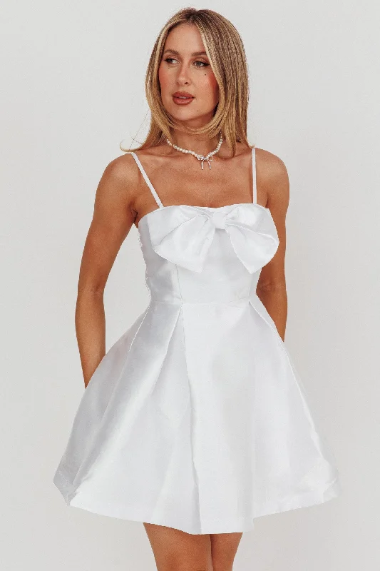 Love Talk Flared Bow Mini Dress White Trendy Mesh Mini Dress