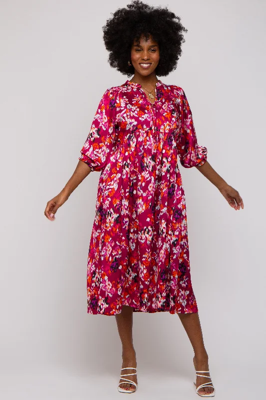Magenta Floral Satin Ruffle Neck Midi Dress Elegant Maxi-Midi Hybrid Dress